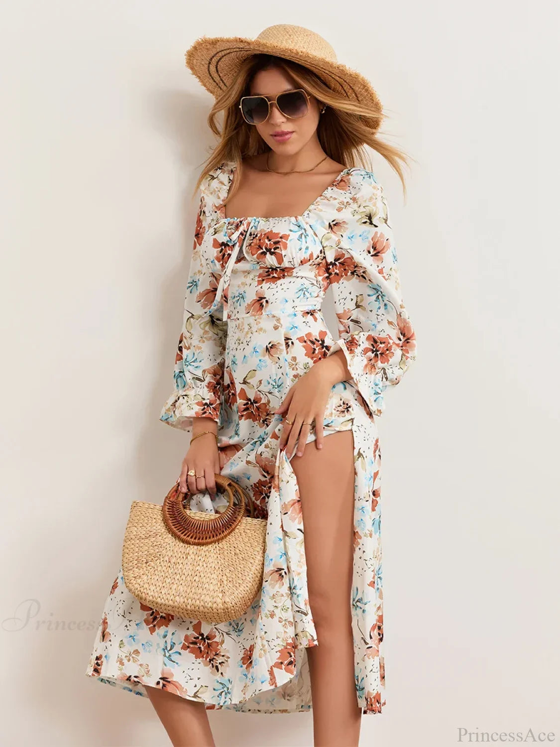 Elegant Floral Midi Puff Sleeve Square Neck Floral Dress WHITE / S floraldress-250126