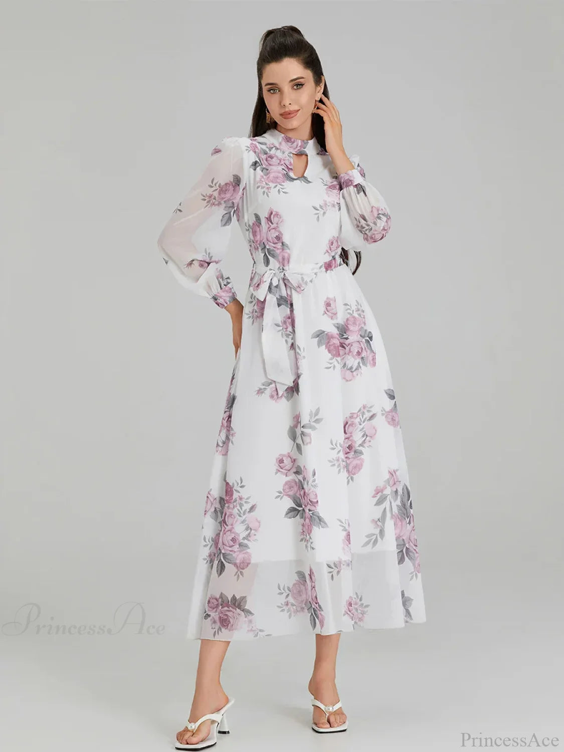 Elegant Floral Print Chiffon Long Lantern Sleeve Tie Waist Floral Dress floraldress-250126