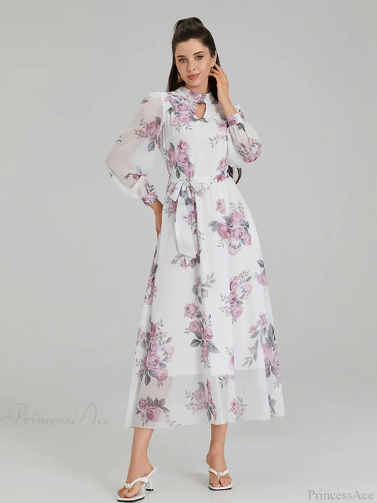 Elegant Floral Print Chiffon Long Lantern Sleeve Tie Waist Floral Dress floraldress-250126