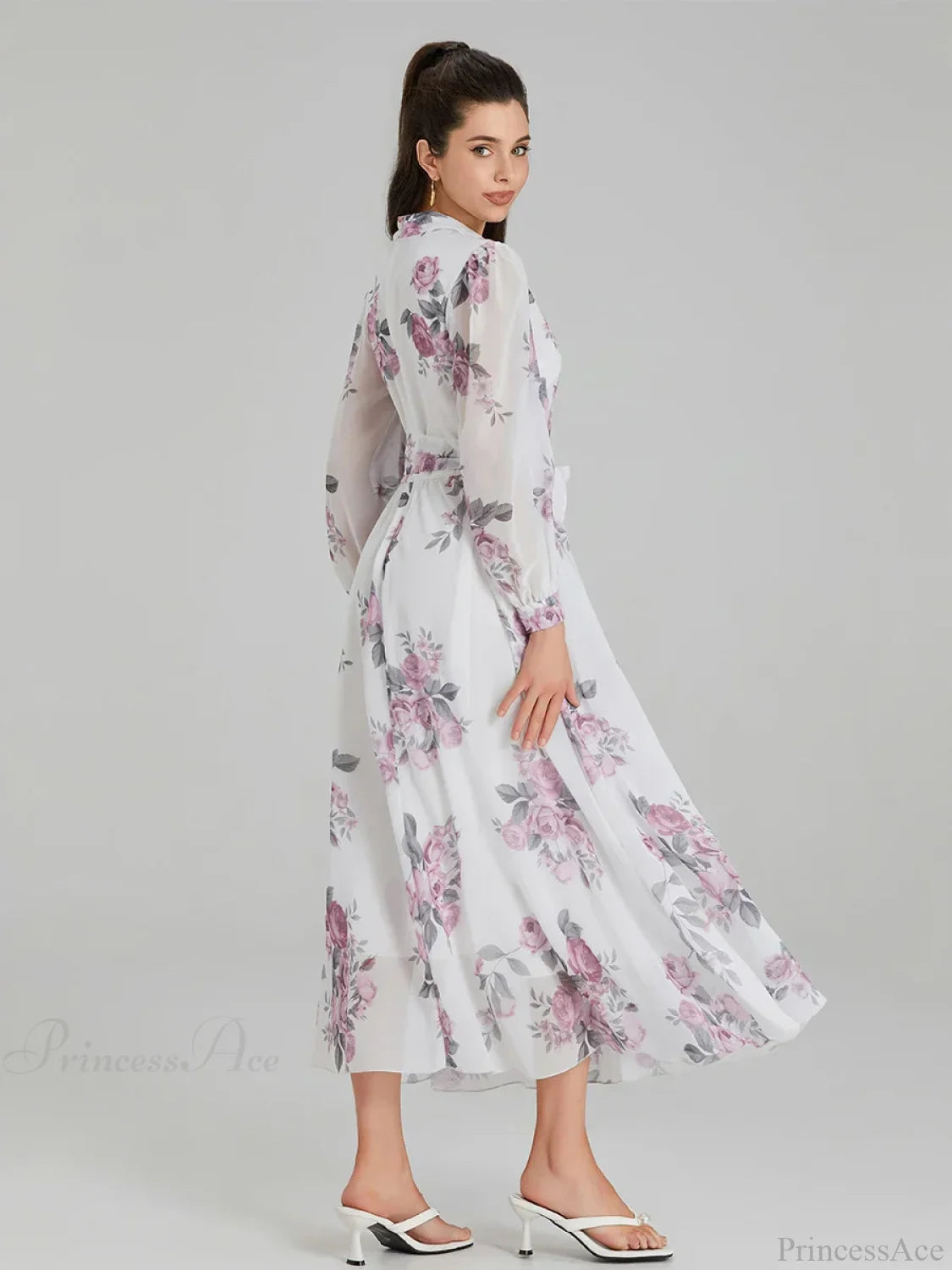 Elegant Floral Print Chiffon Long Lantern Sleeve Tie Waist Floral Dress floraldress-250126