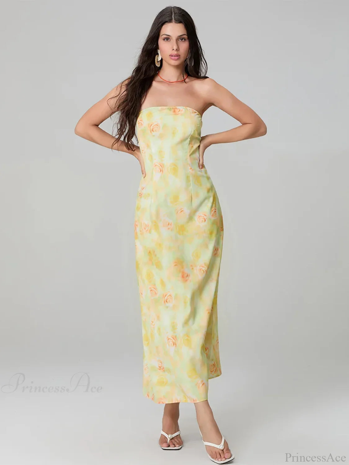 Elegant Floral Print Tube Backless Off-Shoulder Evening Gown Party Dress floraldress-250126