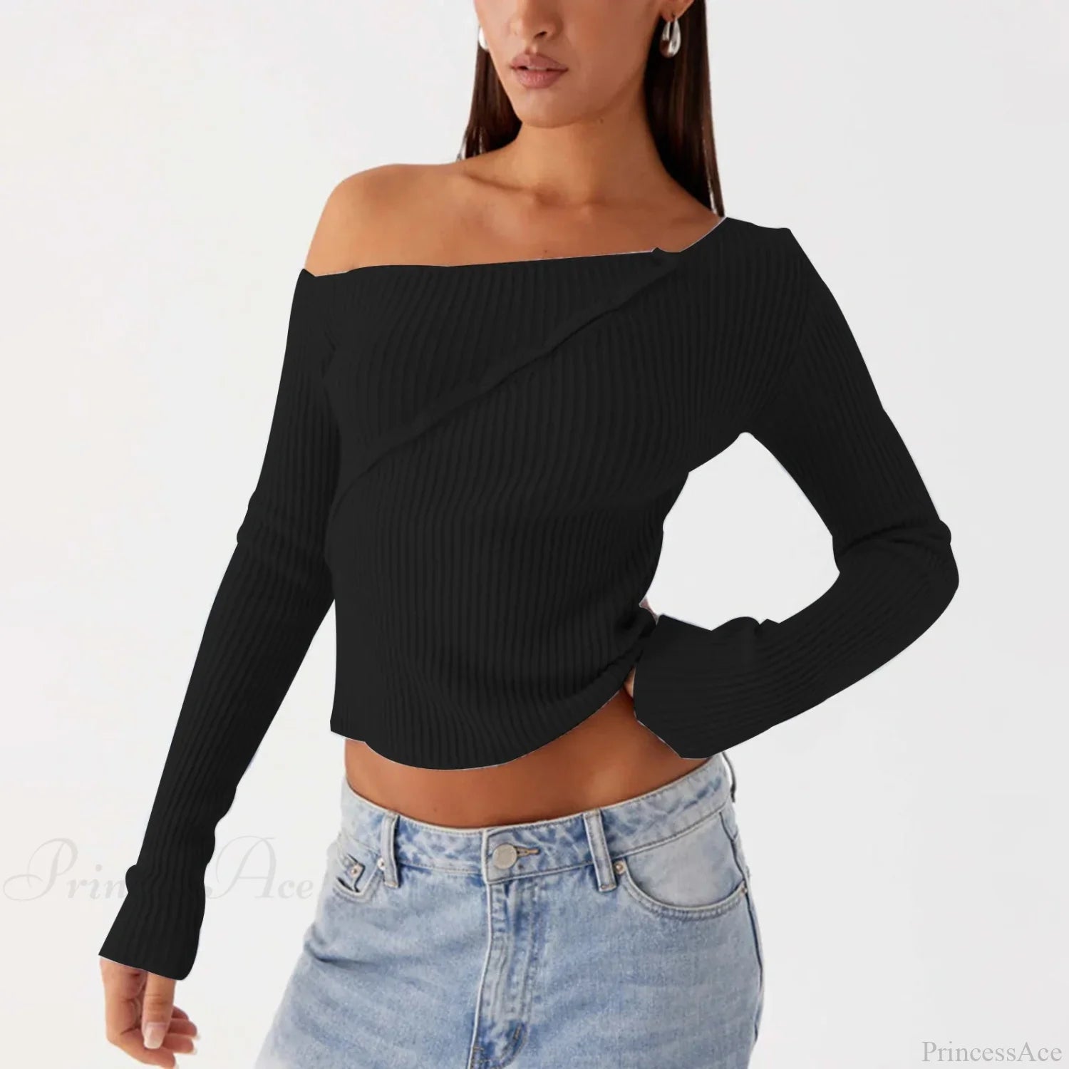 Elegant Off Shoulder Ribbed Solid Crop Slim Fit Knit Top knittop-250126