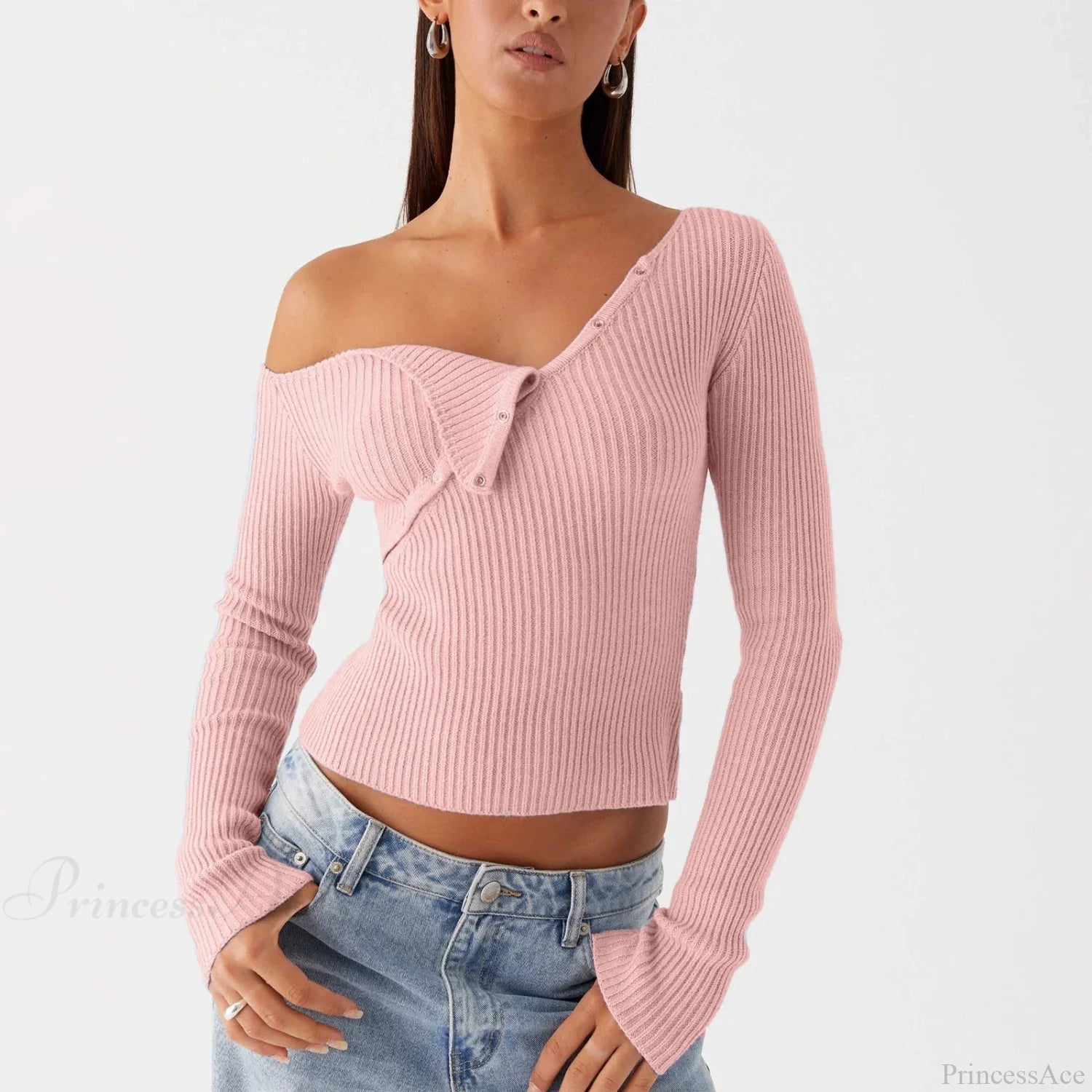Elegant Off Shoulder Ribbed Solid Crop Slim Fit Knit Top Pink / S knittop-250126