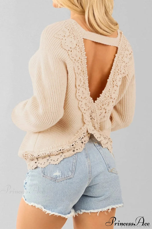 Elegant Sexy Open-Back Lace Paneled Long-Sleeve Knit Top
