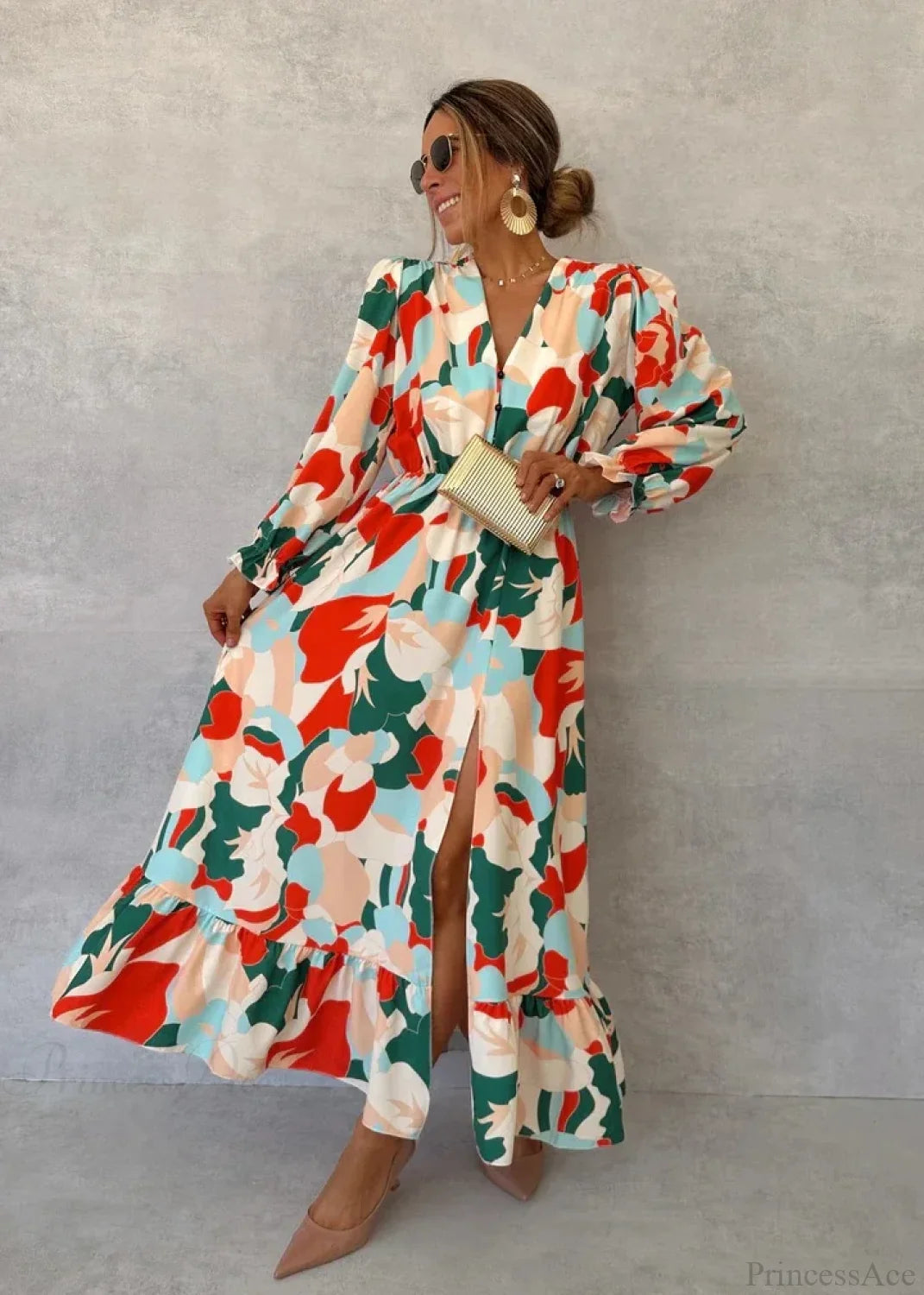 Elegant V-neck Printed Floral Dress Image color / S oldfloraldress-250126