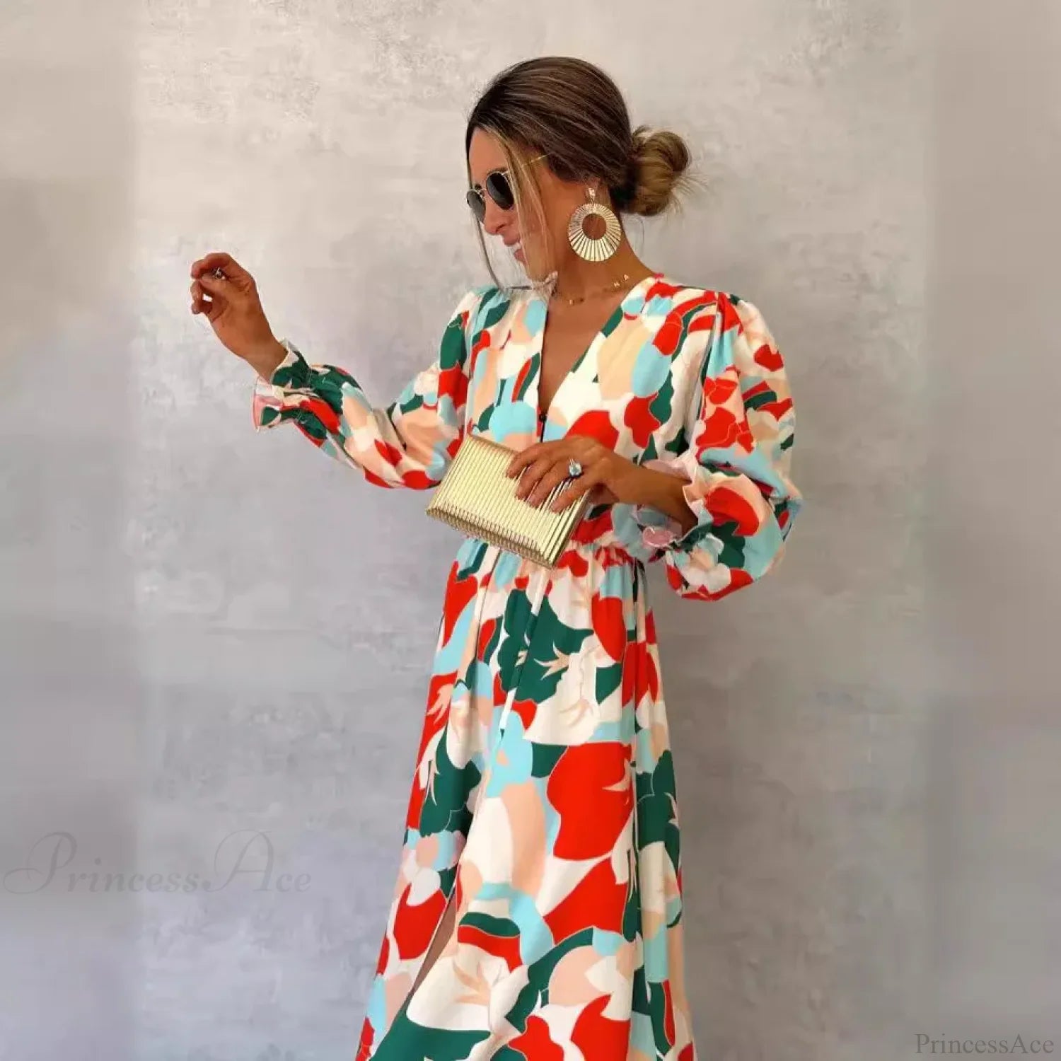 Elegant V-neck Printed Floral Dress oldfloraldress-250126