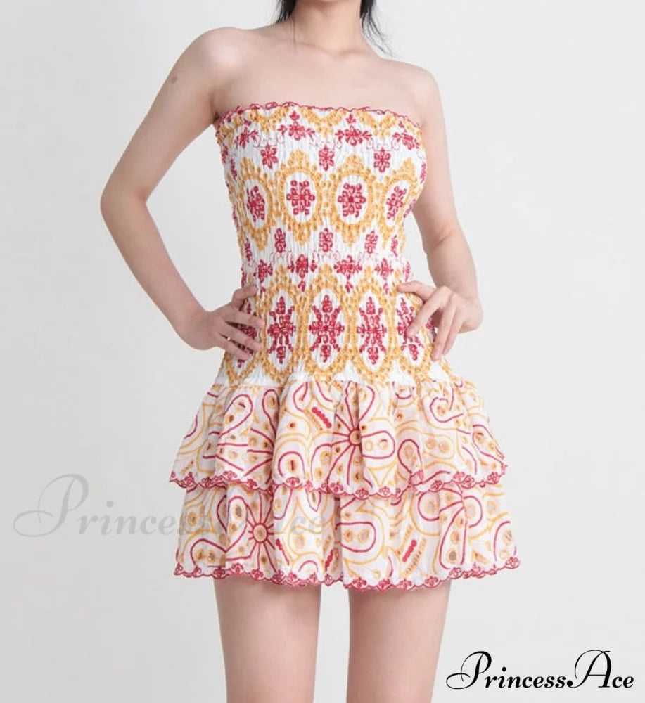Embroidered Design Tube Charming Ruched Mini Dress