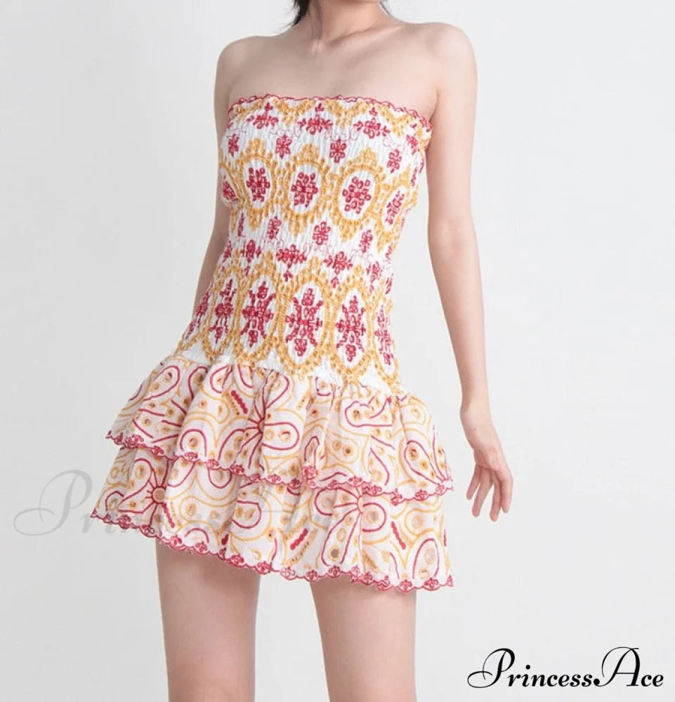 Embroidered Design Tube Charming Ruched Mini Dress