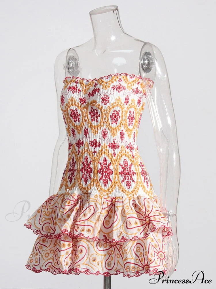 Embroidered Design Tube Charming Ruched Mini Dress