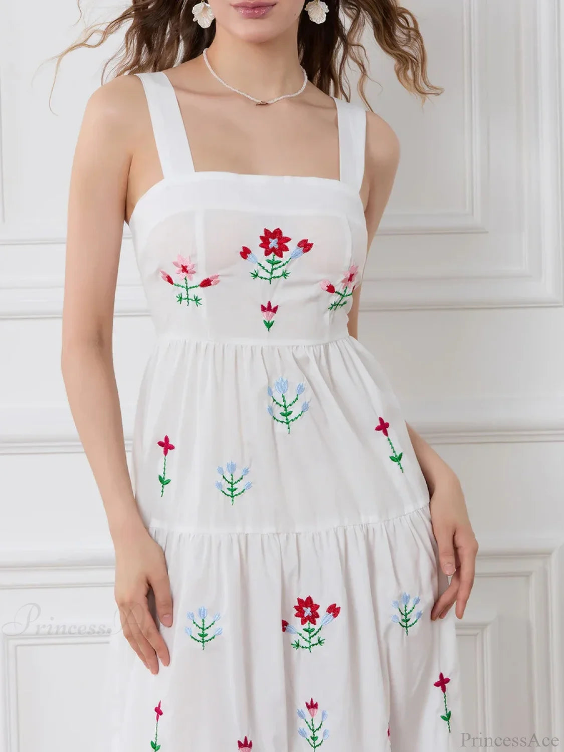 Embroidered Flower Ruched Tiered Slip Floral Dress floraldress-250126