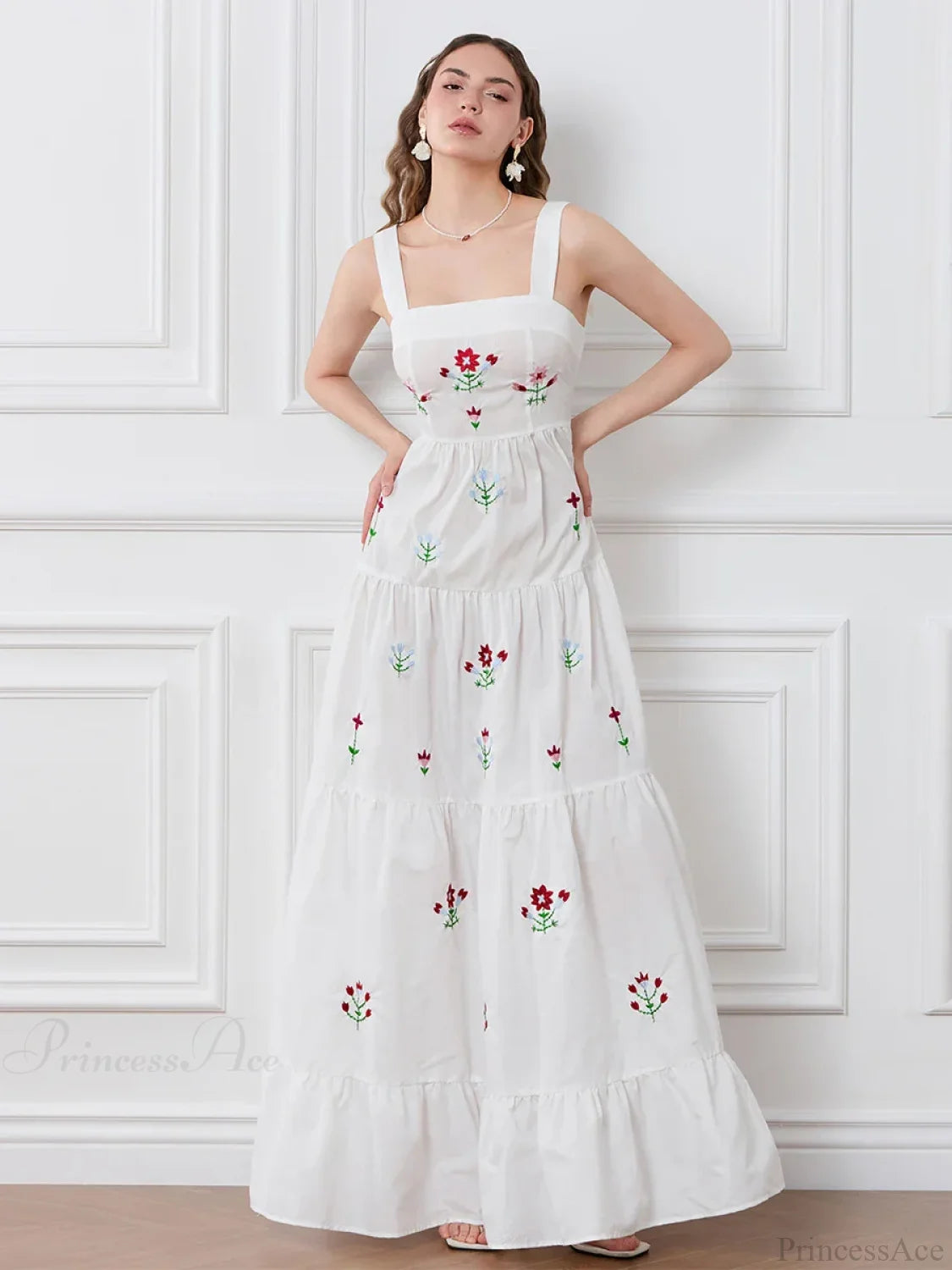Embroidered Flower Ruched Tiered Slip Floral Dress floraldress-250126