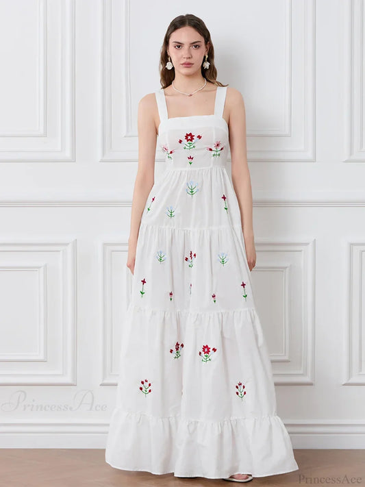 Embroidered Flower Ruched Tiered Slip Floral Dress WHITE / S floraldress-250126