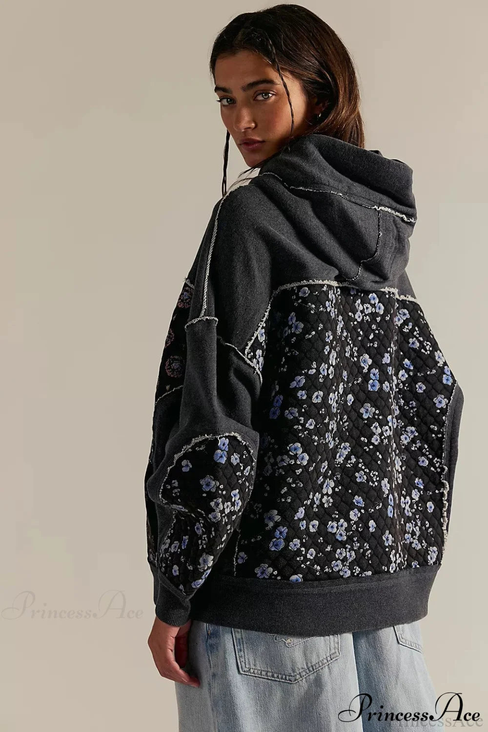 Embroidered Panel Design Casual Pullover Hoodie Black / S