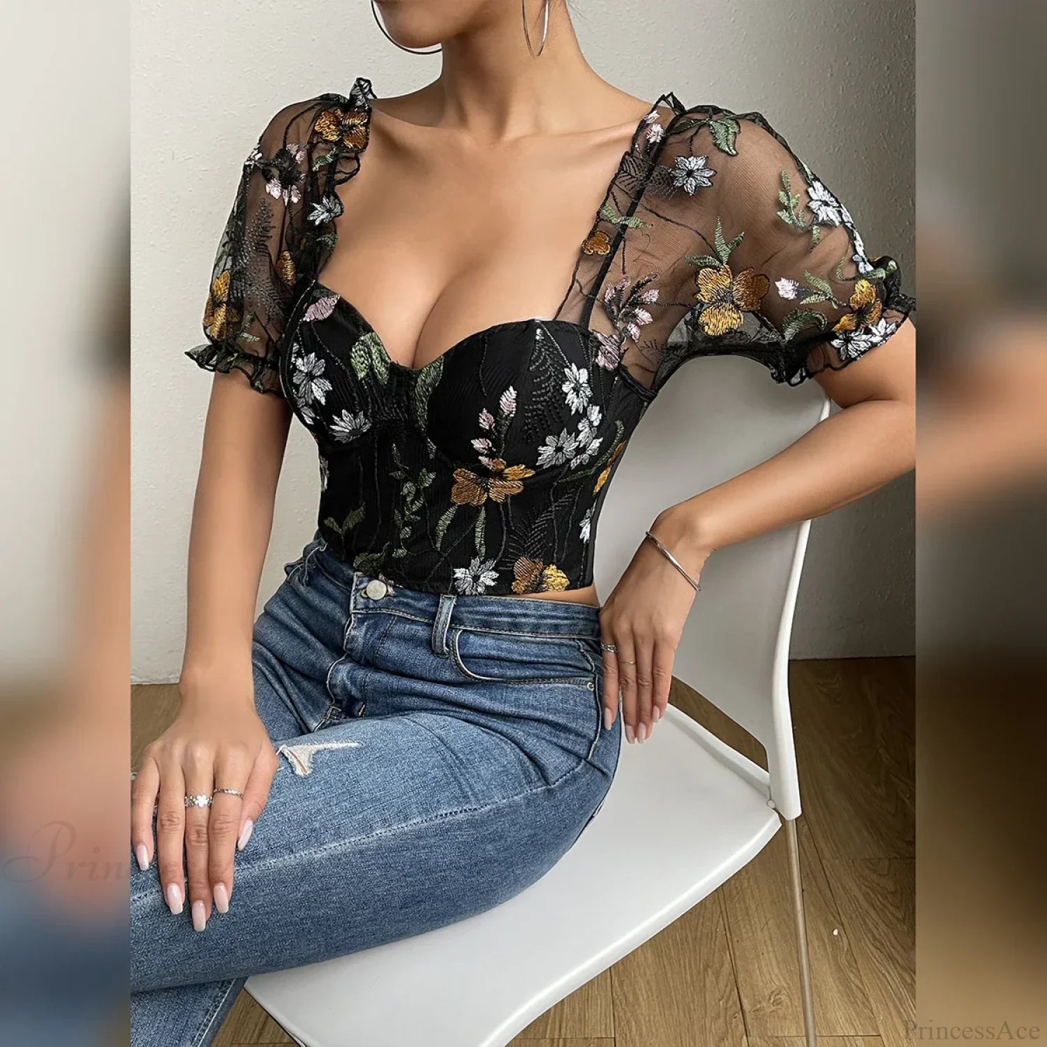 Embroidery Mesh Puff Sleeve Fishbone Corset Top croptop-250126