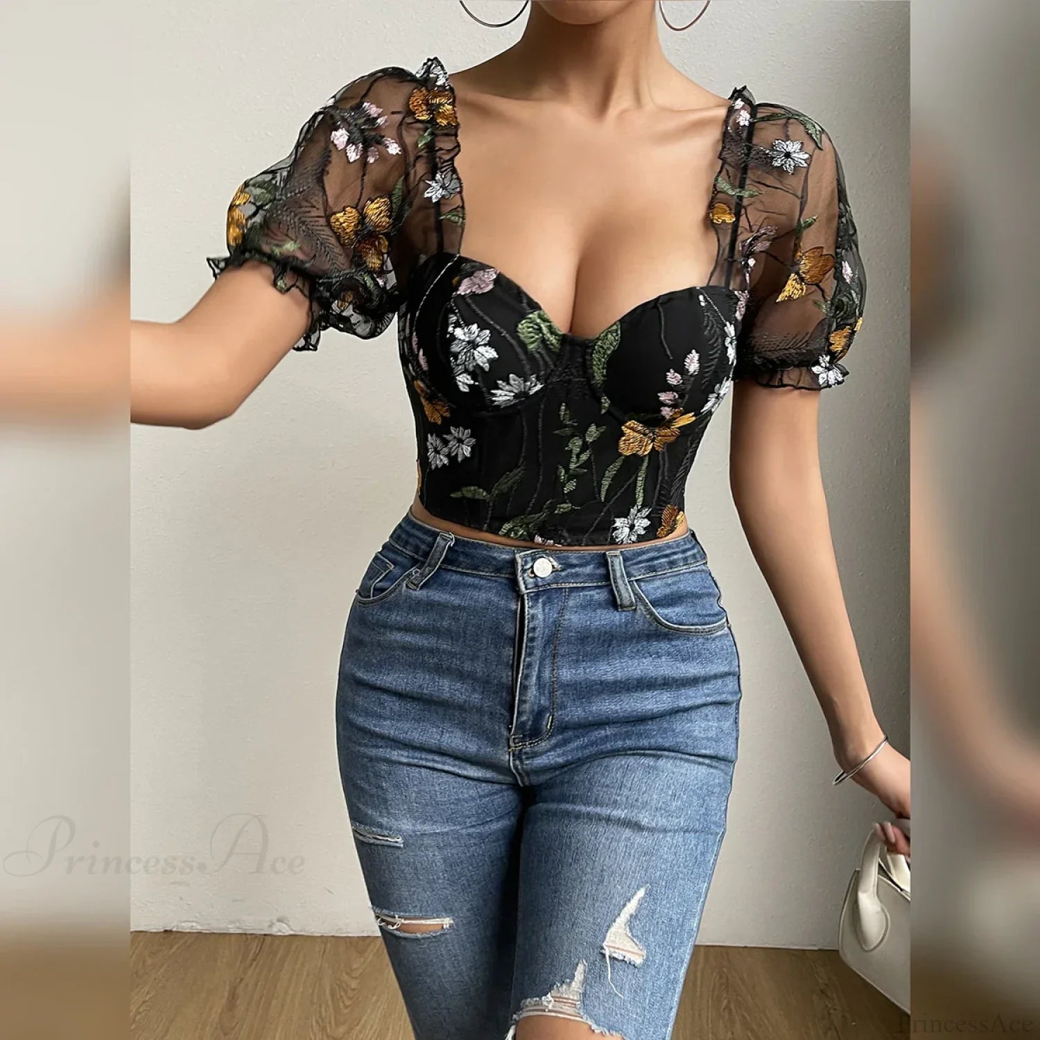 Embroidery Mesh Puff Sleeve Fishbone Corset Top croptop-250126