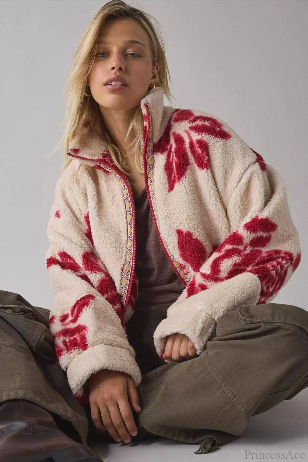 Ethnic Fleece Stand Collar Zipper Coat