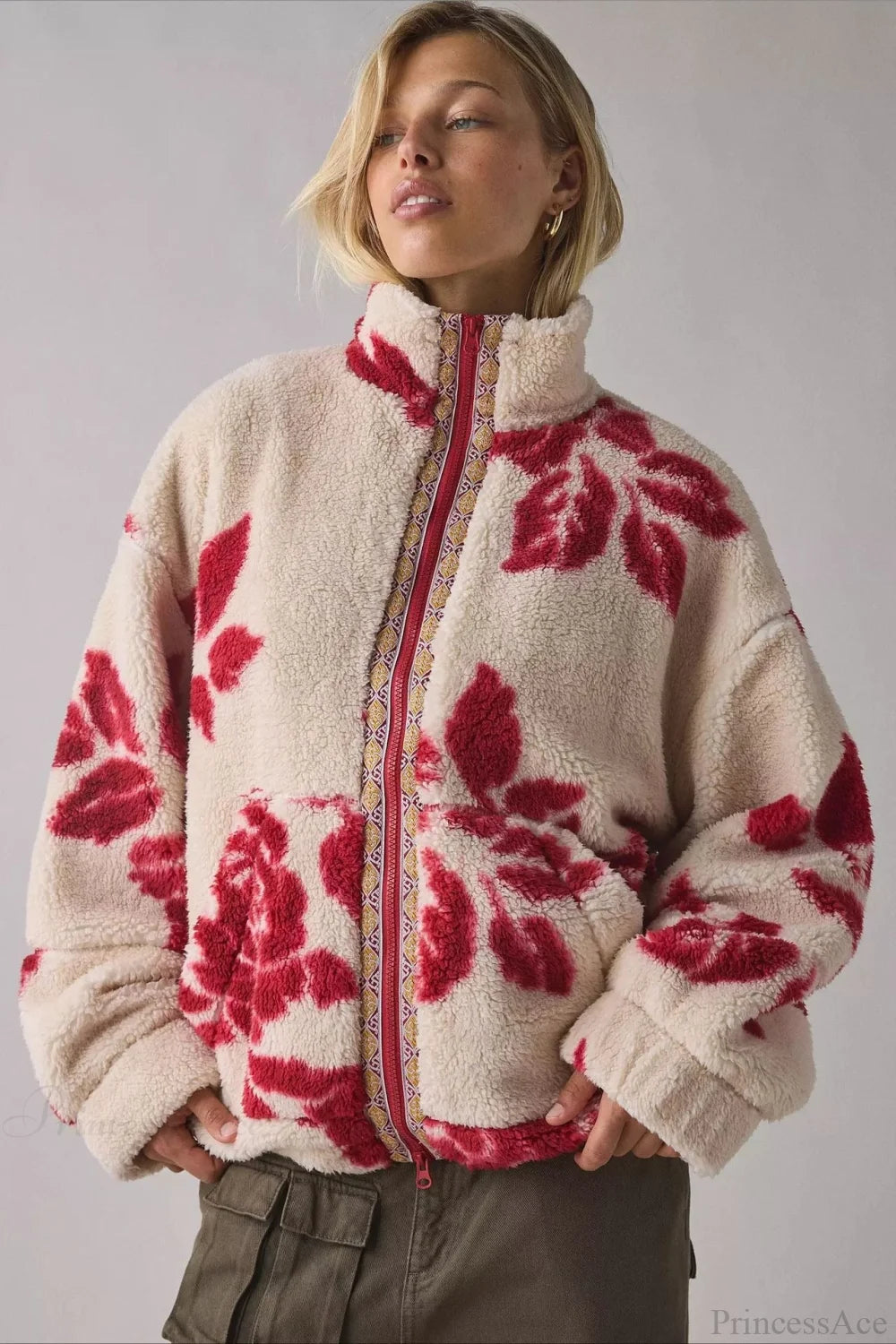 Ethnic Fleece Stand Collar Zipper Coat White / S