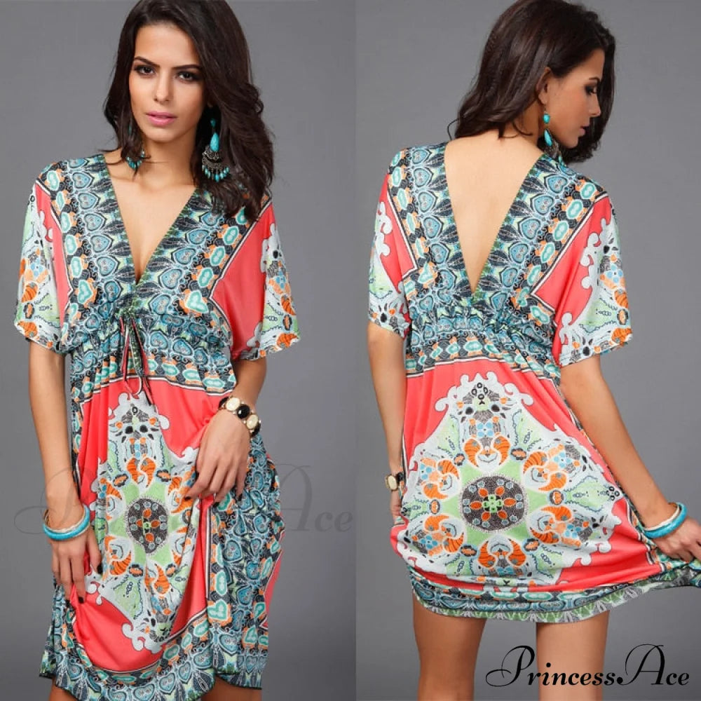 Ethnic Gown Warm-Season Women Flowered Bohemian With Style Print M / Blue Dresses