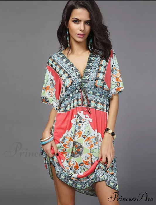 Ethnic Gown Warm-Season Women Flowered Bohemian With Style Print M / Red Dresses