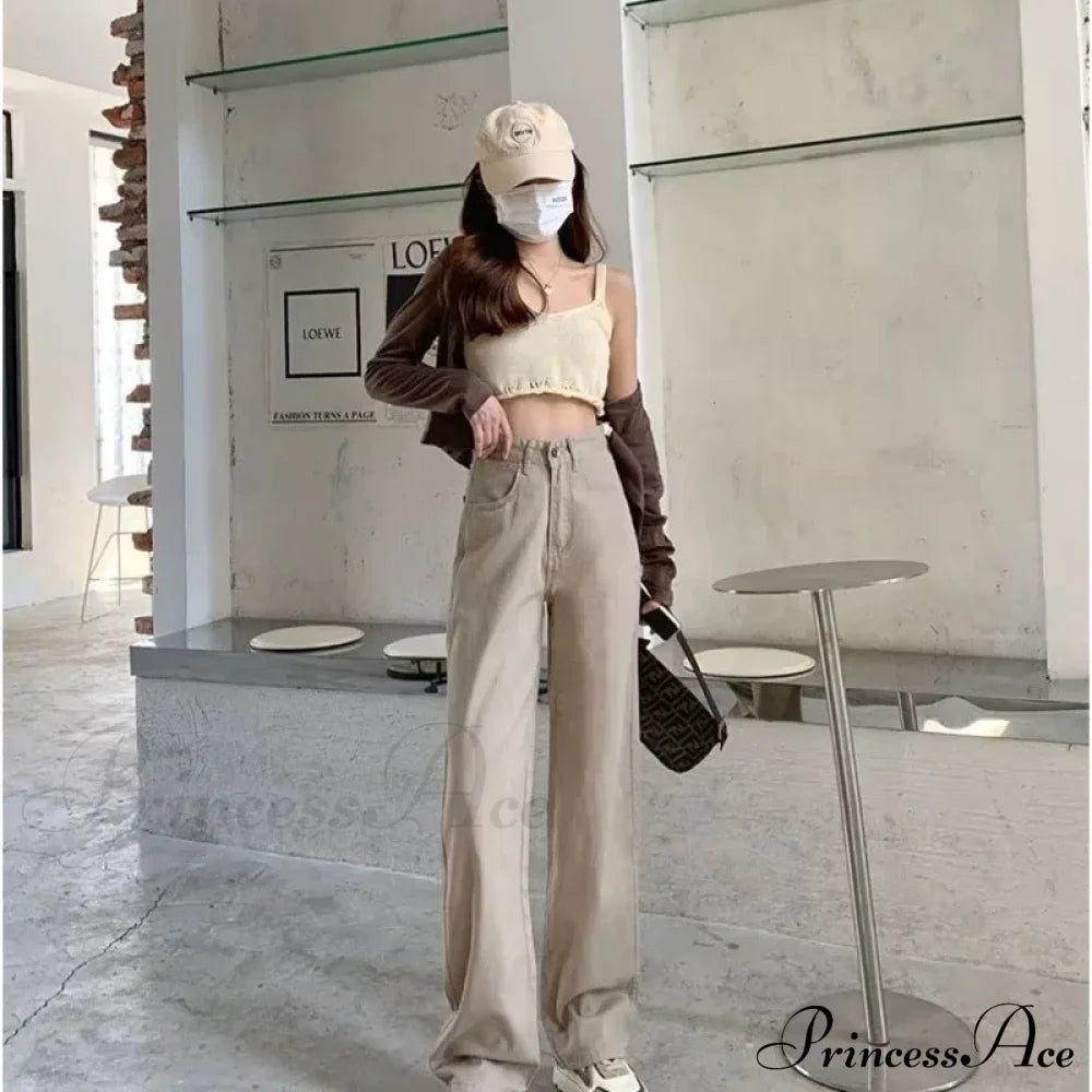 European And American Gentle Style Dirty Pink Ruffled Versatile Wide Leg Pants Jean Khaki / S
