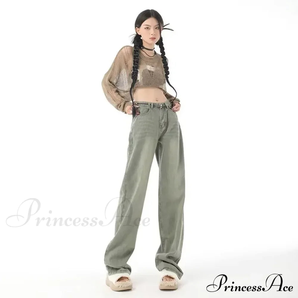 European And American Gentle Style Dirty Pink Ruffled Versatile Wide Leg Pants Jean Nostalgic Green