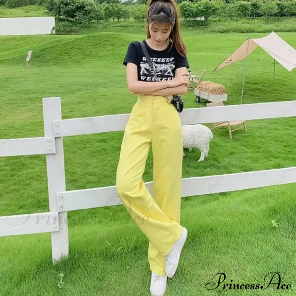 European And American Gentle Style Dirty Pink Ruffled Versatile Wide Leg Pants Jean Yellow / S