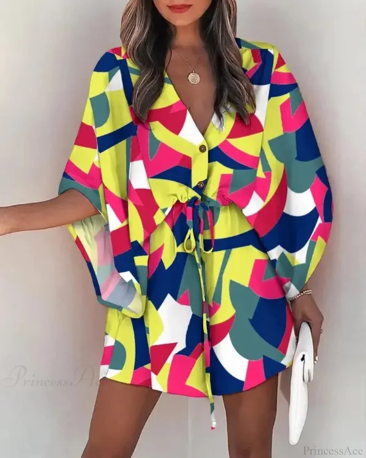 European Fashion Print V-neck Vacation Dress COLORFUL / S bohodress-250126