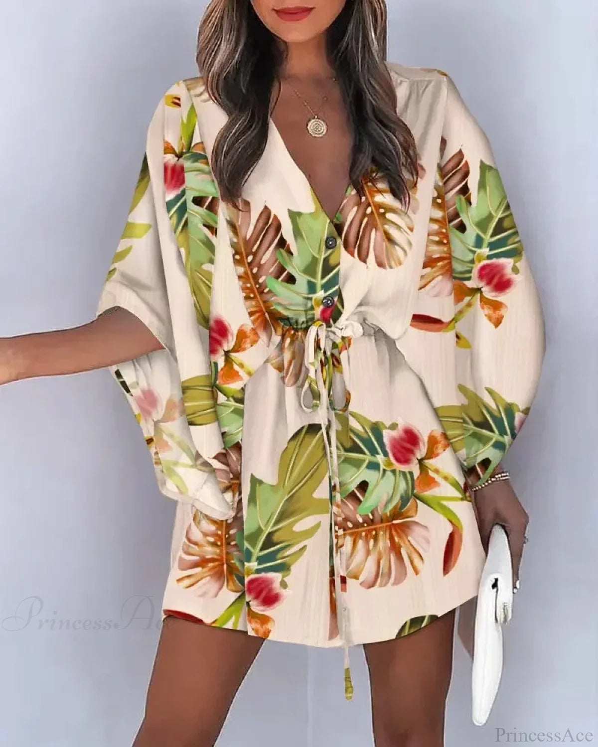 European Fashion Print V-neck Vacation Dress KHAKI / S bohodress-250126
