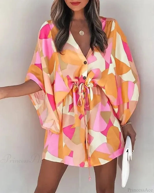 European Fashion Print V-neck Vacation Dress ORANGE2 / S bohodress-250126