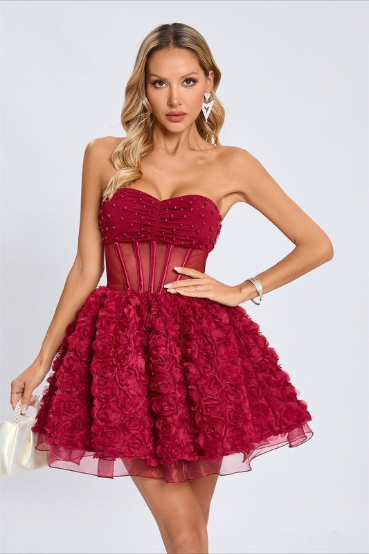 Beaded Strapless Puff Party Dress XS / Red