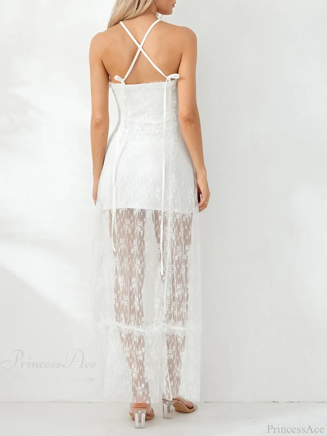 Fairycore Retro White Lace Backless Halter Tube Floral Dress floraldress-250126