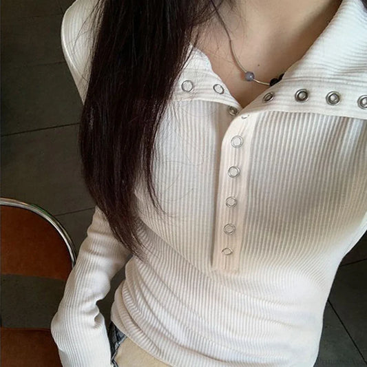 Fall Winter Ribbed Button Up Knit Pullover Knit Top apricot / S knittop-250126