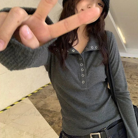 Fall Winter Ribbed Button Up Knit Pullover Knit Top deep gray / S knittop-250126
