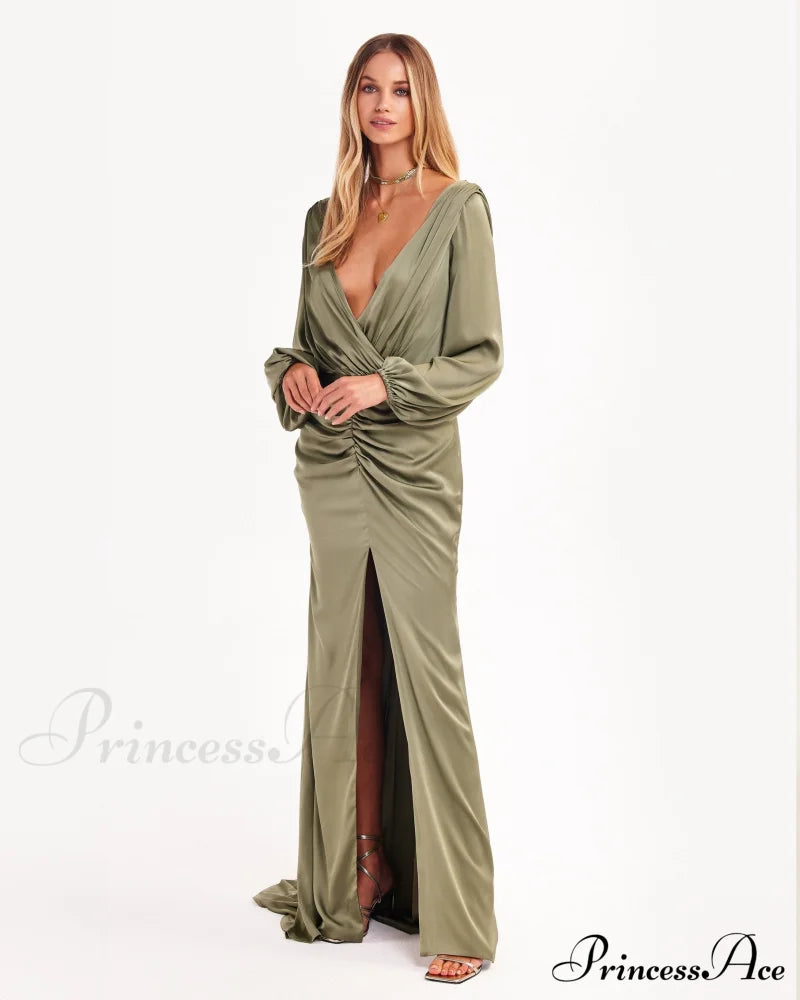 Fancy Olive Silk Charming Maxi Evening Dress