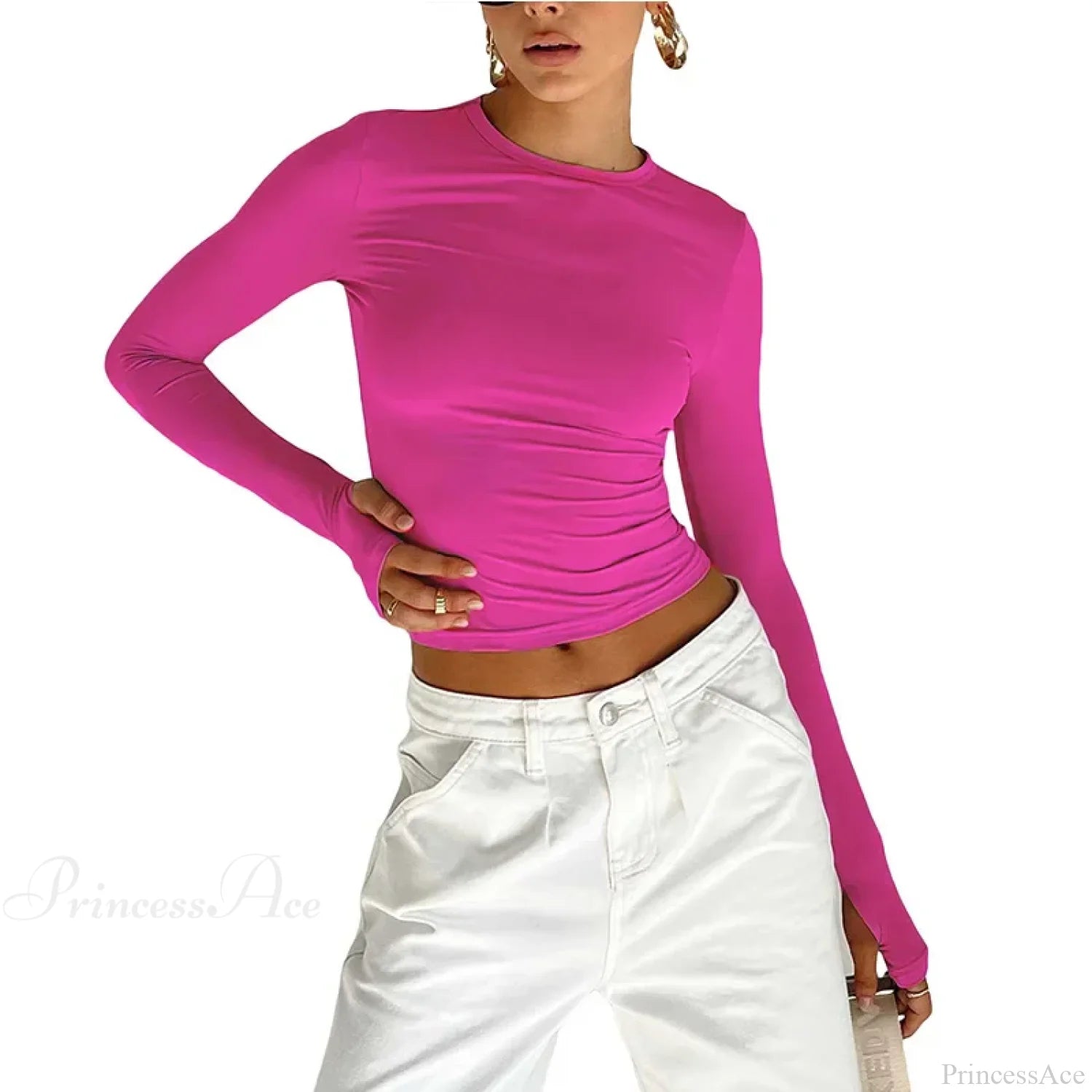 Fashion Crew Neck Slim Fit Long Sleeve Knit Top with Thumb Holes Rose Red / S knittop-250126