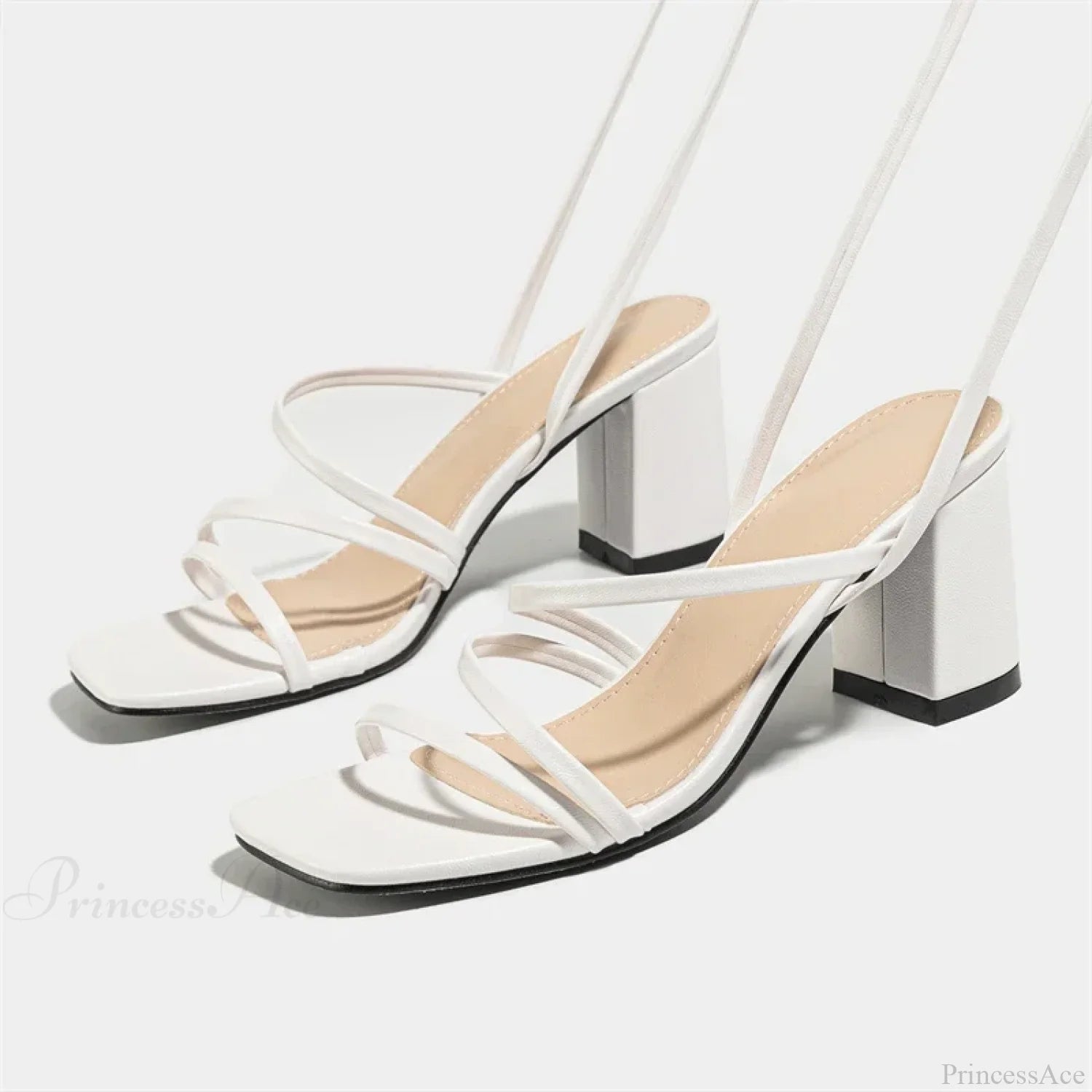 Fashion Narrow Band Ankle Cross-Strap Square Toe Banquet Party Low Heel Pump White / 35