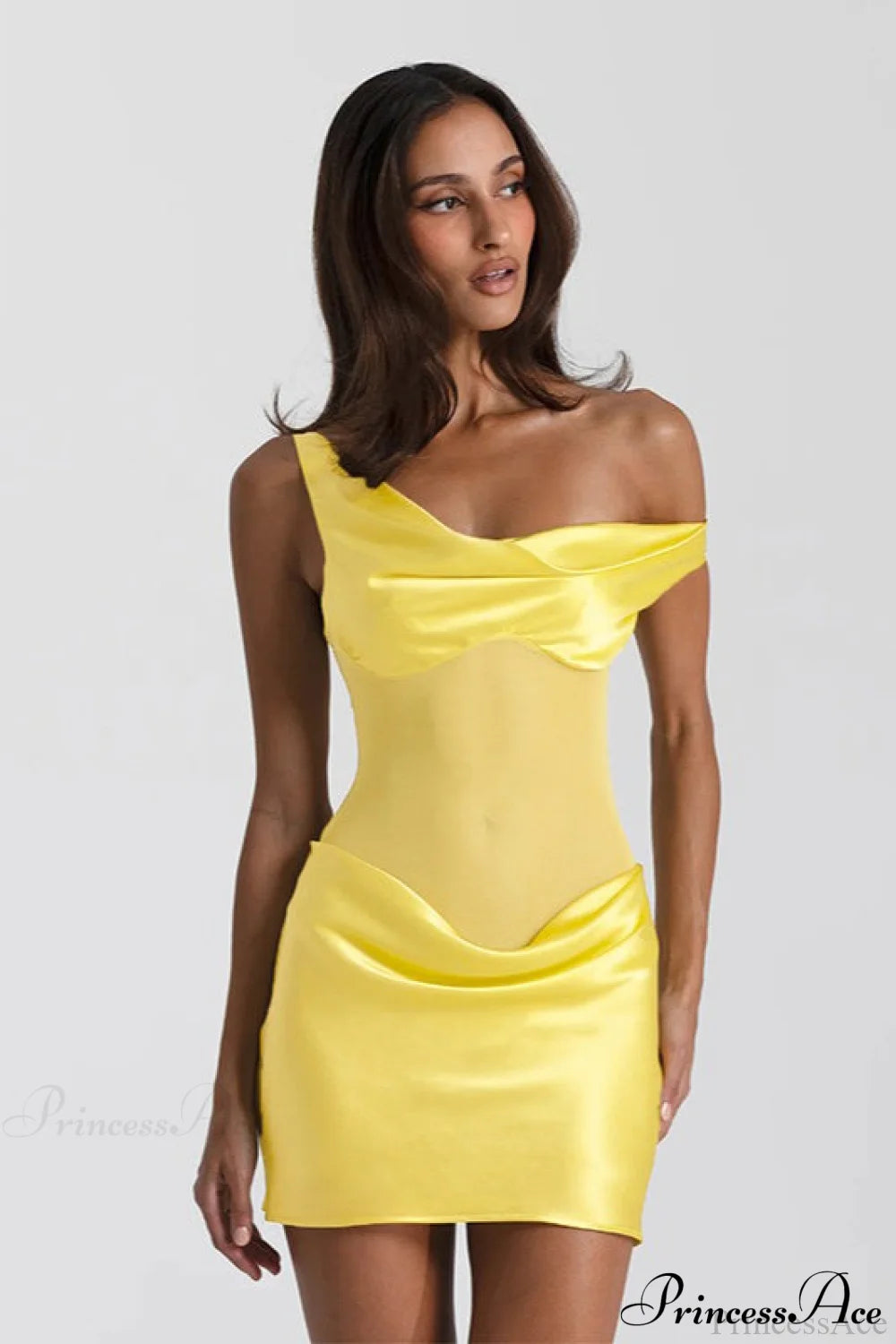 Faux Silk One-Shoulder Tulle Paneled Party Dress