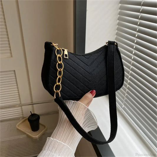 Felt Solid Color Retro Underarm Shoulder Bag Black shoulder-250126