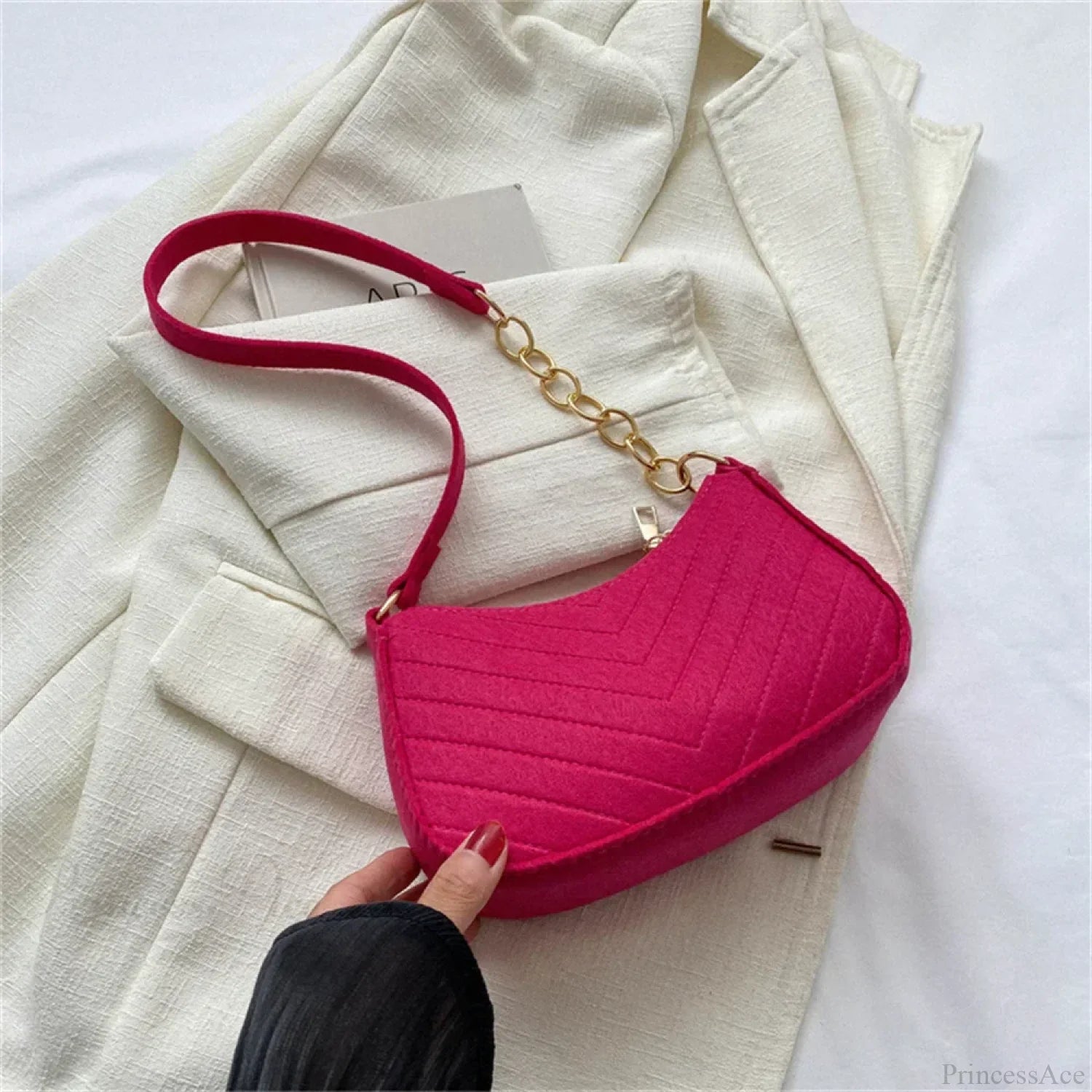 Felt Solid Color Retro Underarm Shoulder Bag Rose red shoulder-250126