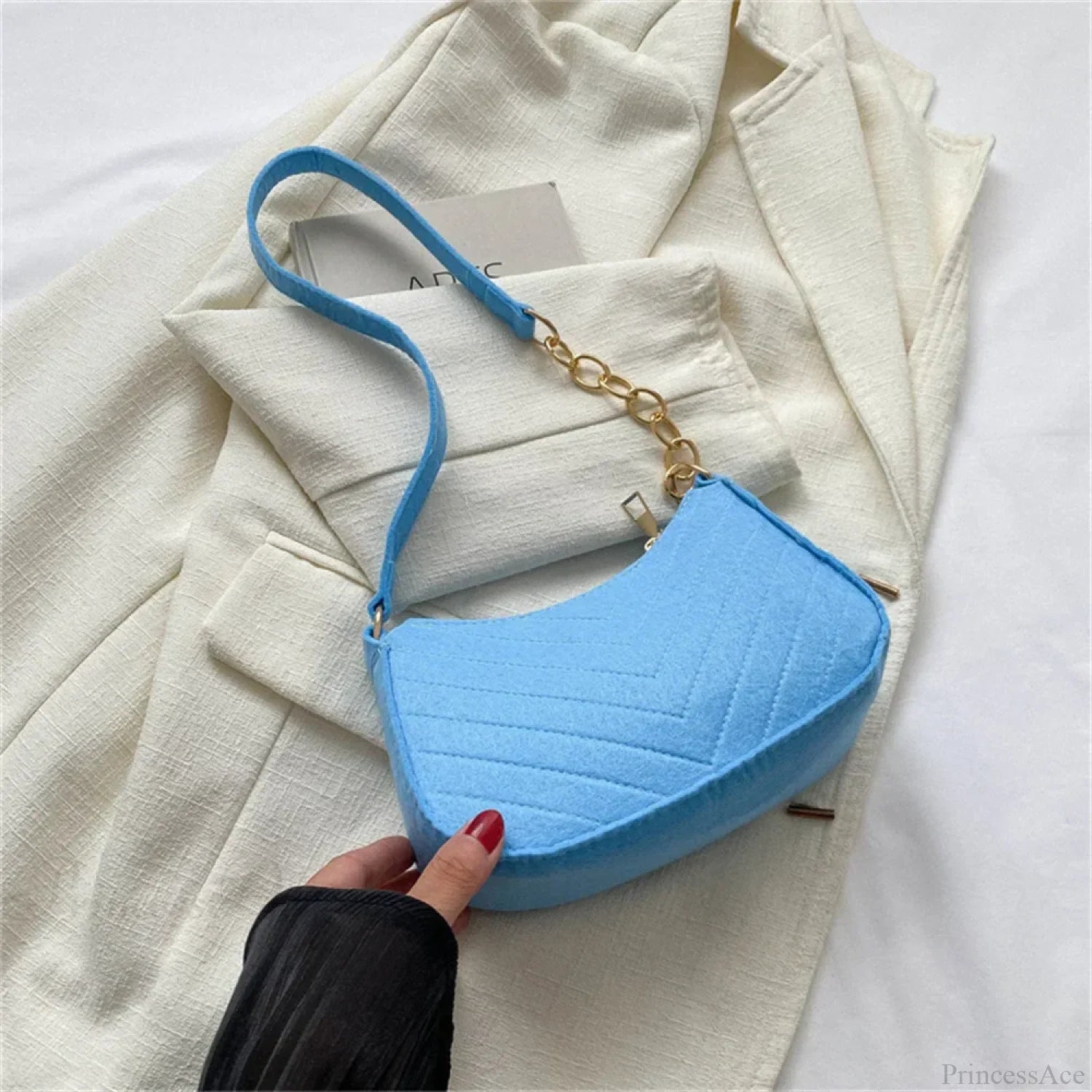 Felt Solid Color Retro Underarm Shoulder Bag Sky blue shoulder-250126