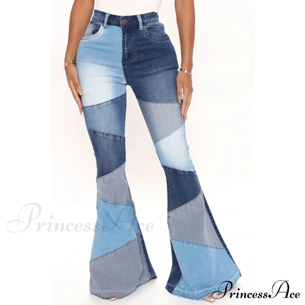 Flare For Women Patchwork Casual Fashion Slim High Waist Vintage Streetwear Stretch Jean Blue / S