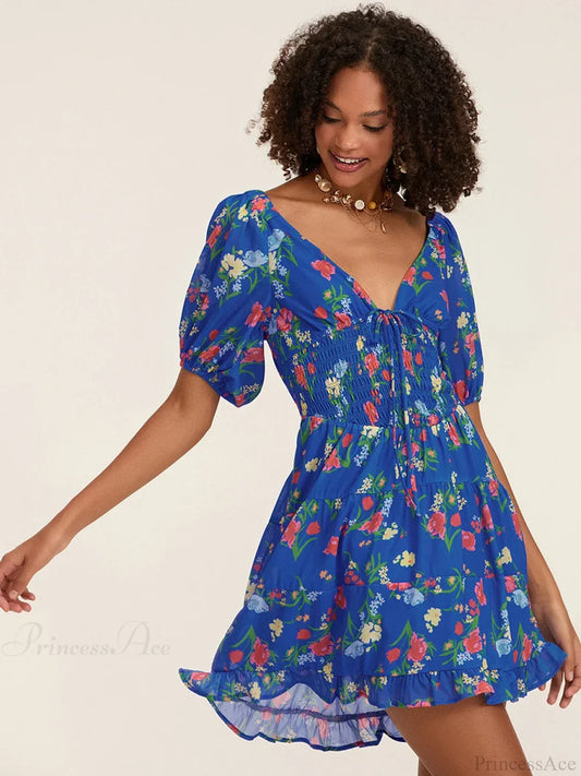Floral A-Line Mini Puff Short Sleeve Tie-Up Front Flared Vacation Party Dress Blue / S floraldress-250126