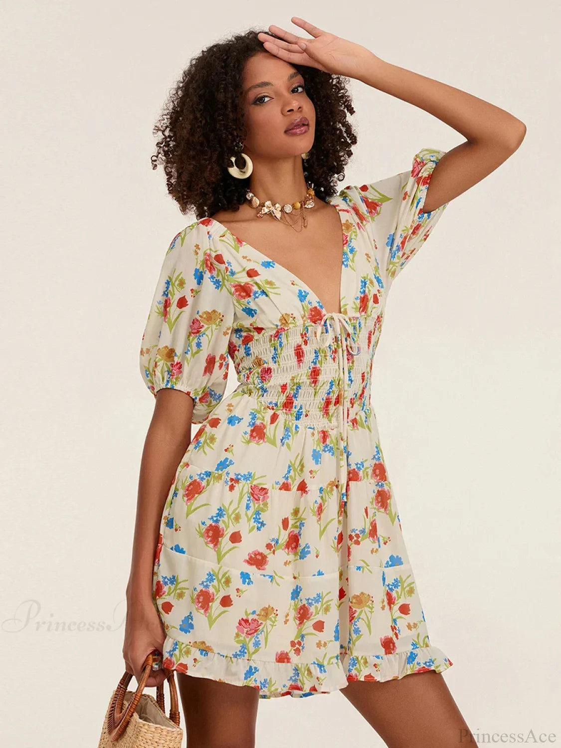 Floral A-Line Mini Puff Short Sleeve Tie-Up Front Flared Vacation Party Dress Yellow / S floraldress-250126