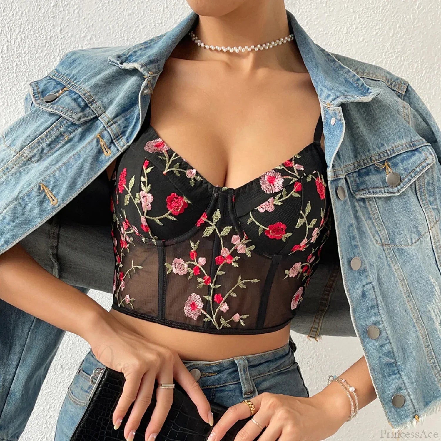 Floral Bustier Crop Top with Buckle Halter Tank croptop-250126