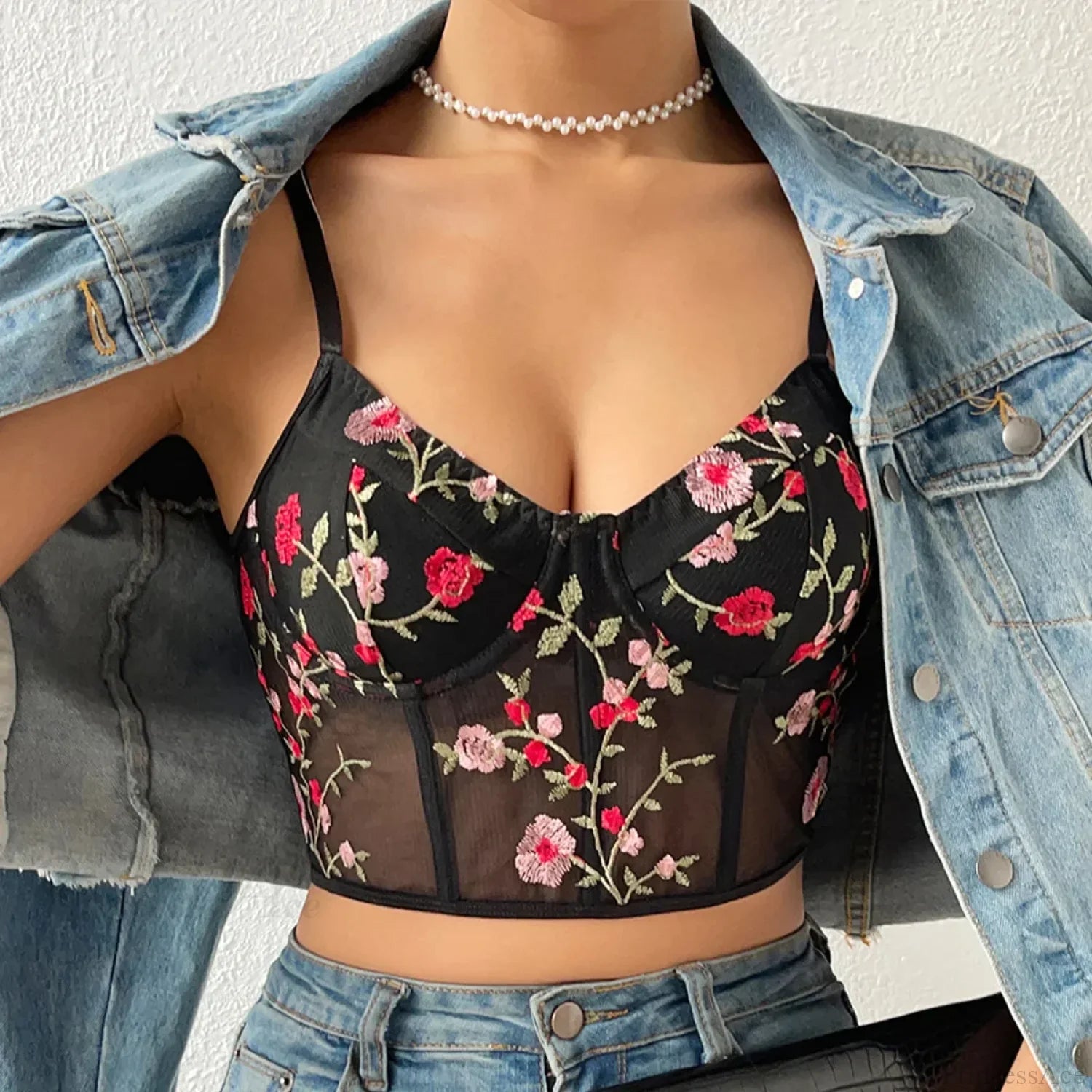 Floral Bustier Crop Top with Buckle Halter Tank croptop-250126