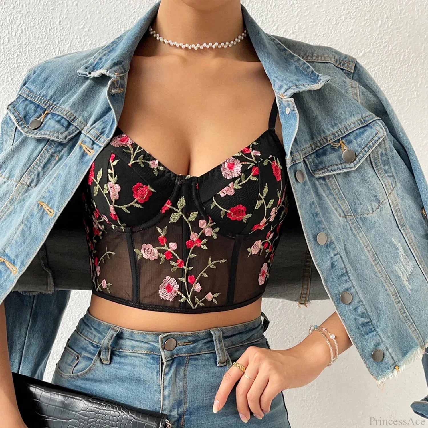 Floral Bustier Crop Top with Buckle Halter Tank croptop-250126
