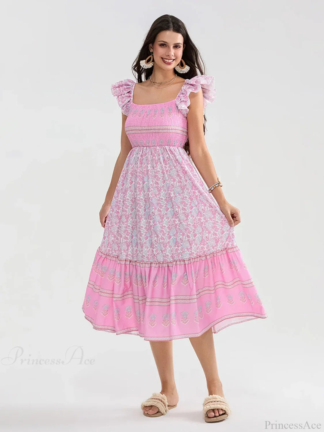 Floral Dot Print Shirred Square Neck Ruffled Flowing Beach Floral Dress floraldress-250126