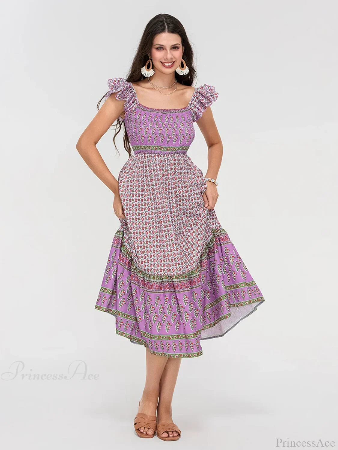 Floral Dot Print Shirred Square Neck Ruffled Flowing Beach Floral Dress PURPLE / S floraldress-250126