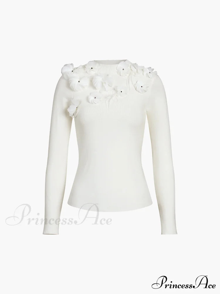 Floral Long Graceful Sleeve Knit Top Sweaters-L