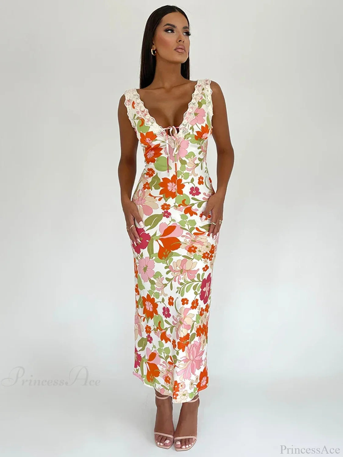 Floral Print Backless V-neck Bodycon Maxi Floral Dress floraldress-250126